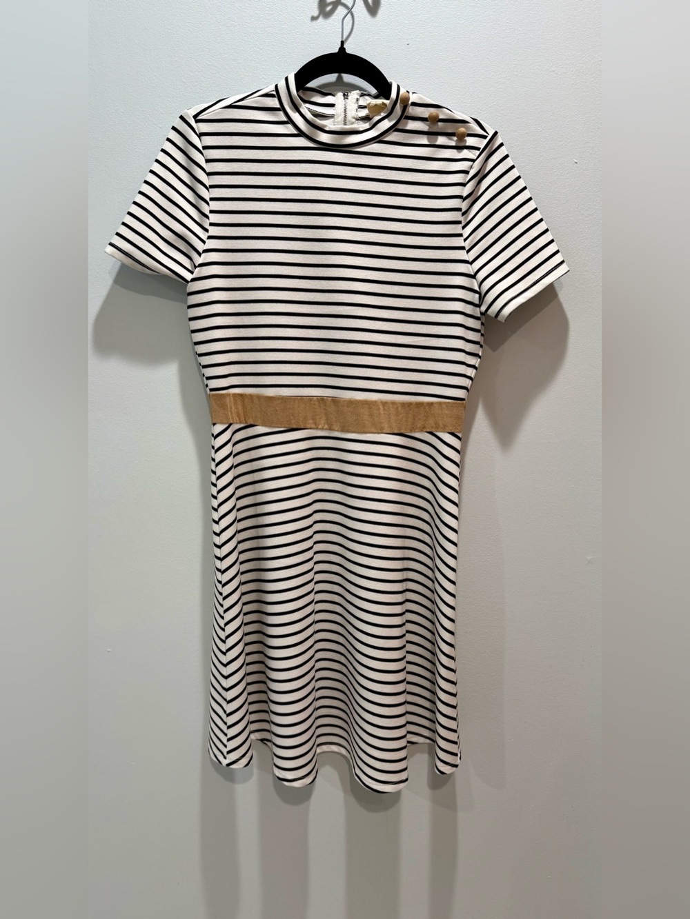 Pink Owl Striped Dress Size L Black White Tan Belted Fit & Flare